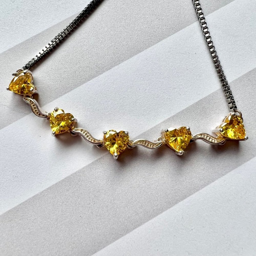 Signed 925 Silver Toggle Bracelet Citrine Crystal Heart Stone Valentine - Picture 5 of 6
